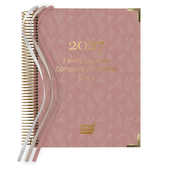Pink diary with '2027 Family Day Care Compliance Checklist' text on a white background