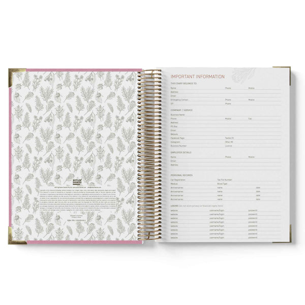 Open 2027 Family Day Care Checklist Diary with floral design on one page and text on the other, on a white background.