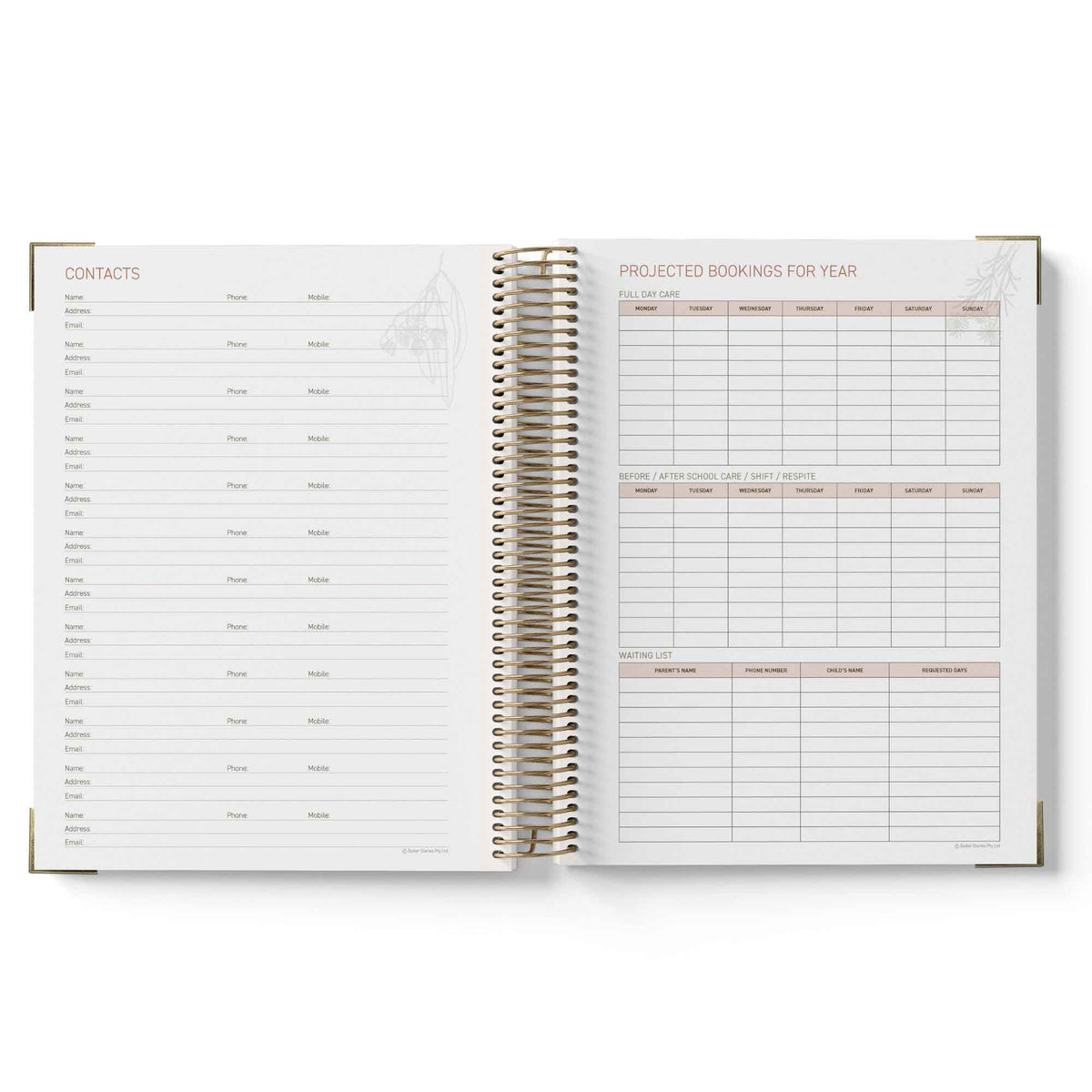 Open 2027 Family Day Care Checklist Diary showing contact list and projected bookings for year on white background