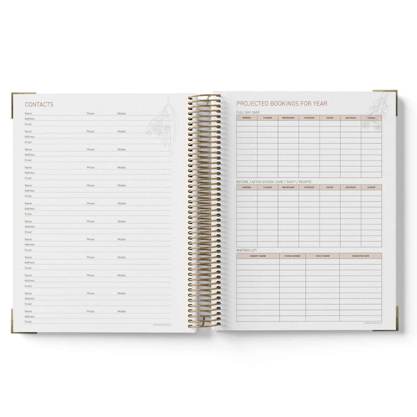 Open 2027 Family Day Care Checklist Diary showing contact list and projected bookings for year on white background