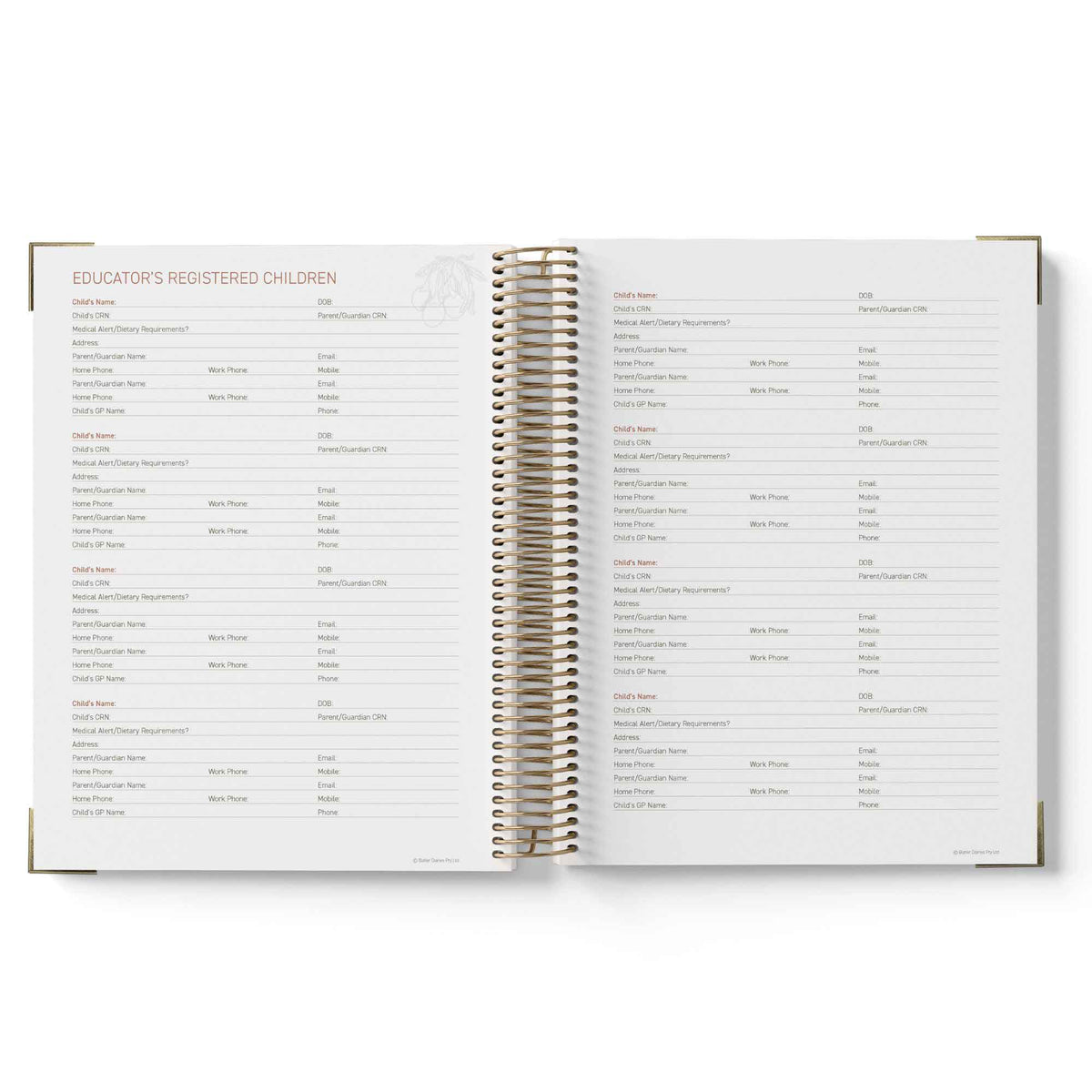 Open 2027 Family Day Care Checklist Diary with a list of names on each page, on a white background