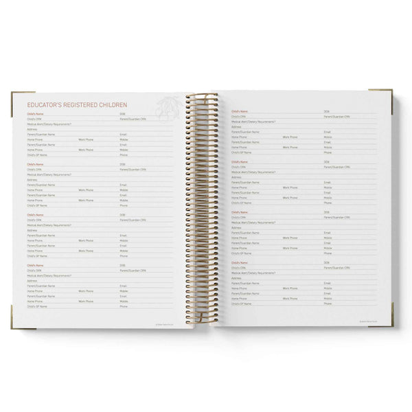Open 2027 Family Day Care Checklist Diary with a list of names on each page, on a white background