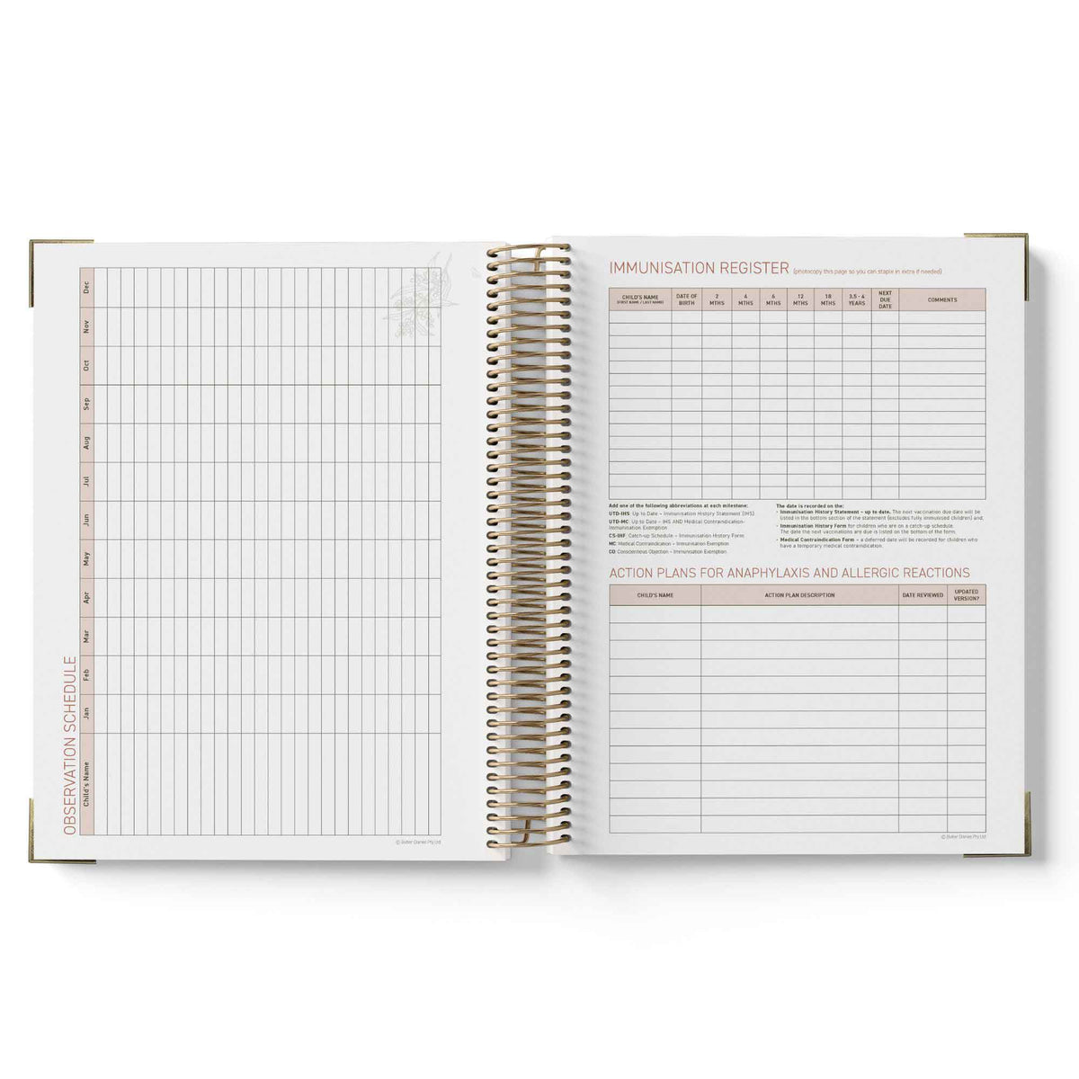 Open spiral-bound 2027 Family Day Care Checklist Diary with grid and text pages on a white background