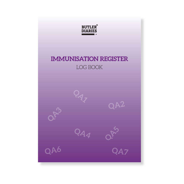 Butler Diaries Immunisation Register log book with a purple gradient cover on a white background