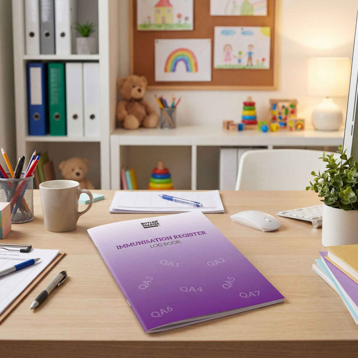 Purple immunisation register book on a desk with stationery and toys in the background
