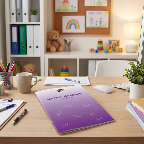 Purple immunisation register book on a desk with stationery and toys in the background
