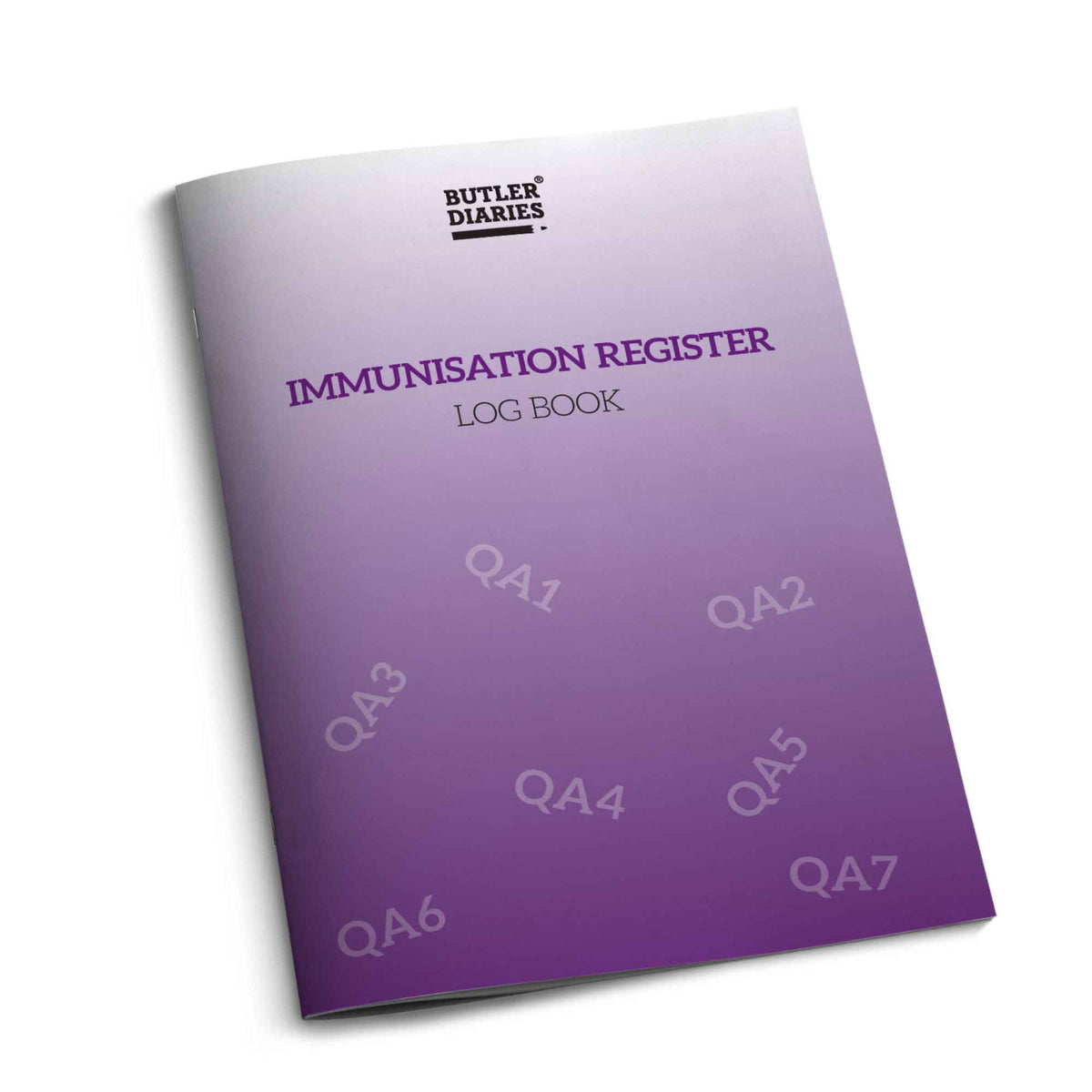 Purple immunisation register log book with 'Butler Diaries' branding on a white background