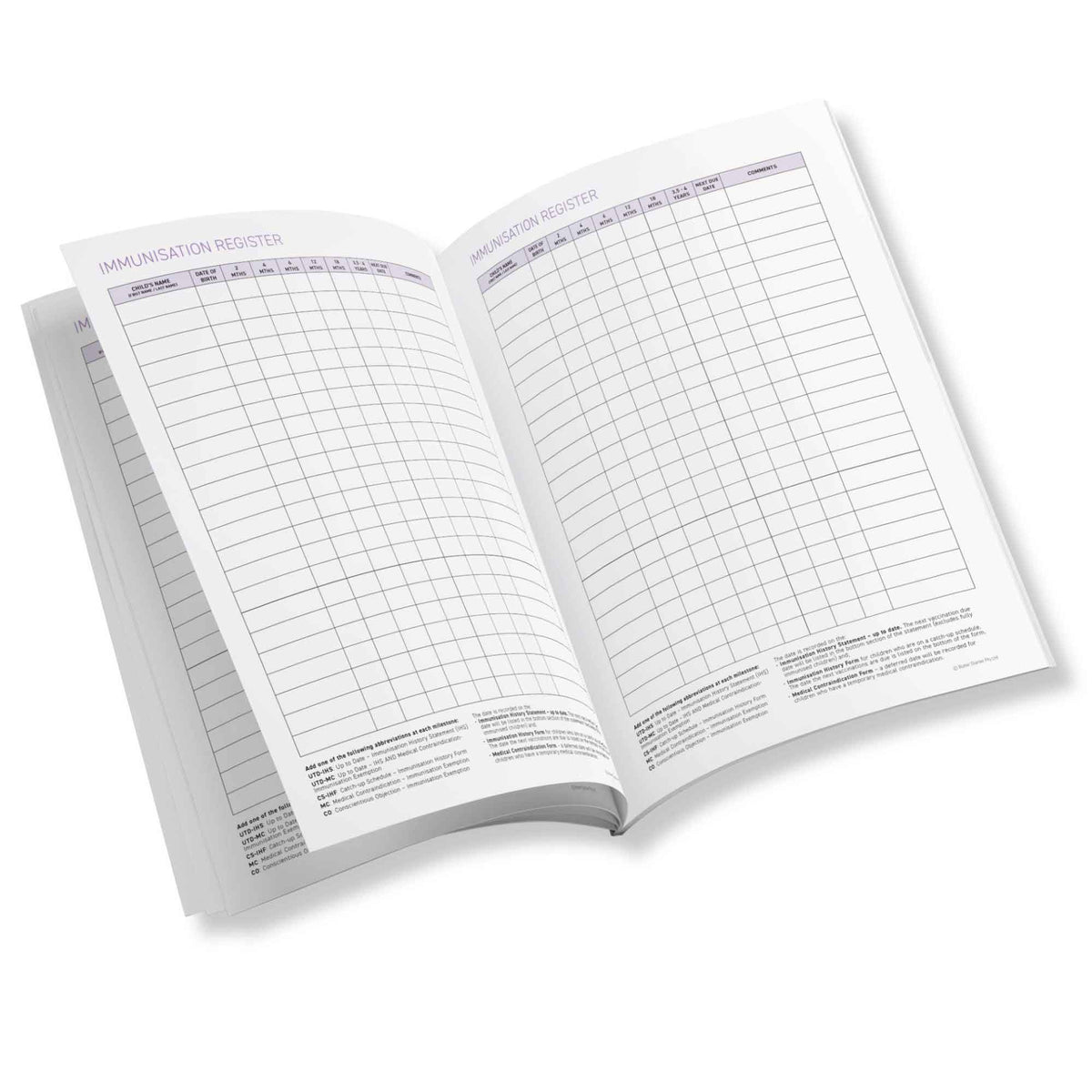 Open notebook with grid and list pages on a white background