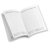 Open notebook with grid and list pages on a white background