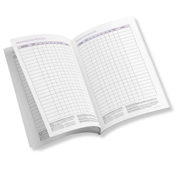 Open notebook with grid and list pages on a white background
