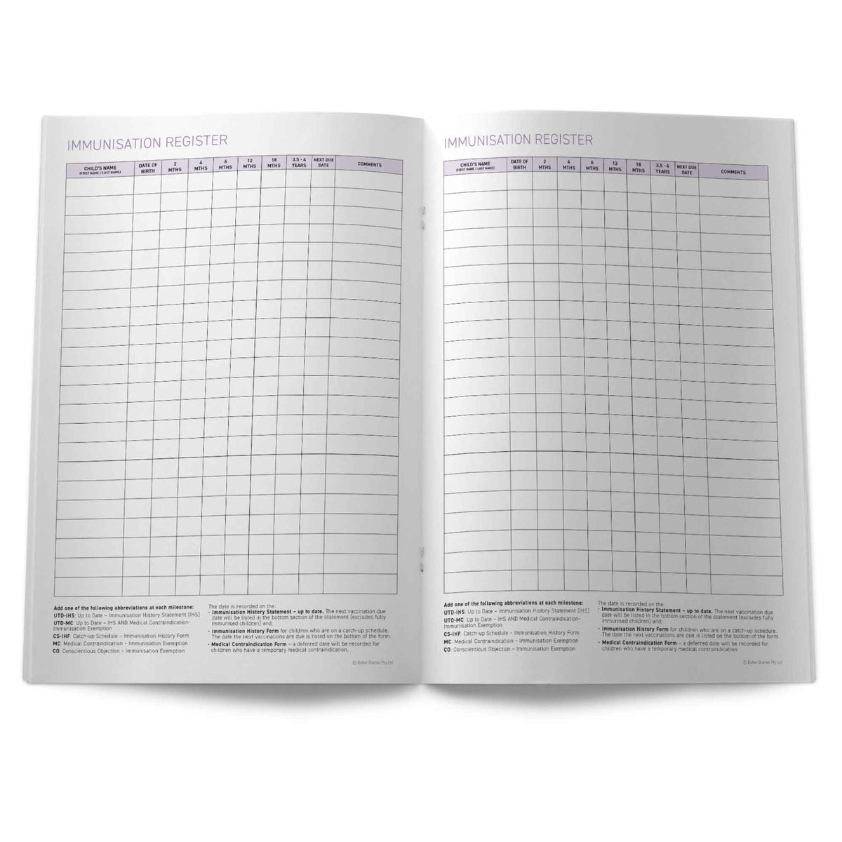 Open book showing an immunisation register with grid layout on white background