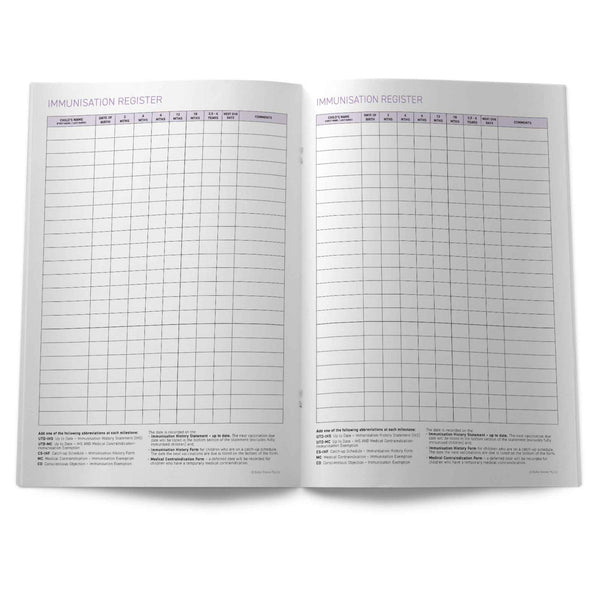 Open book showing an immunisation register with grid layout on white background