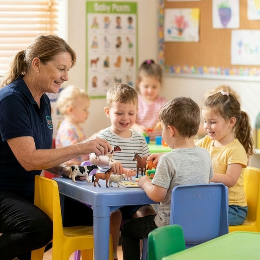 ECE Teacher interacting with children in a classroom setting
