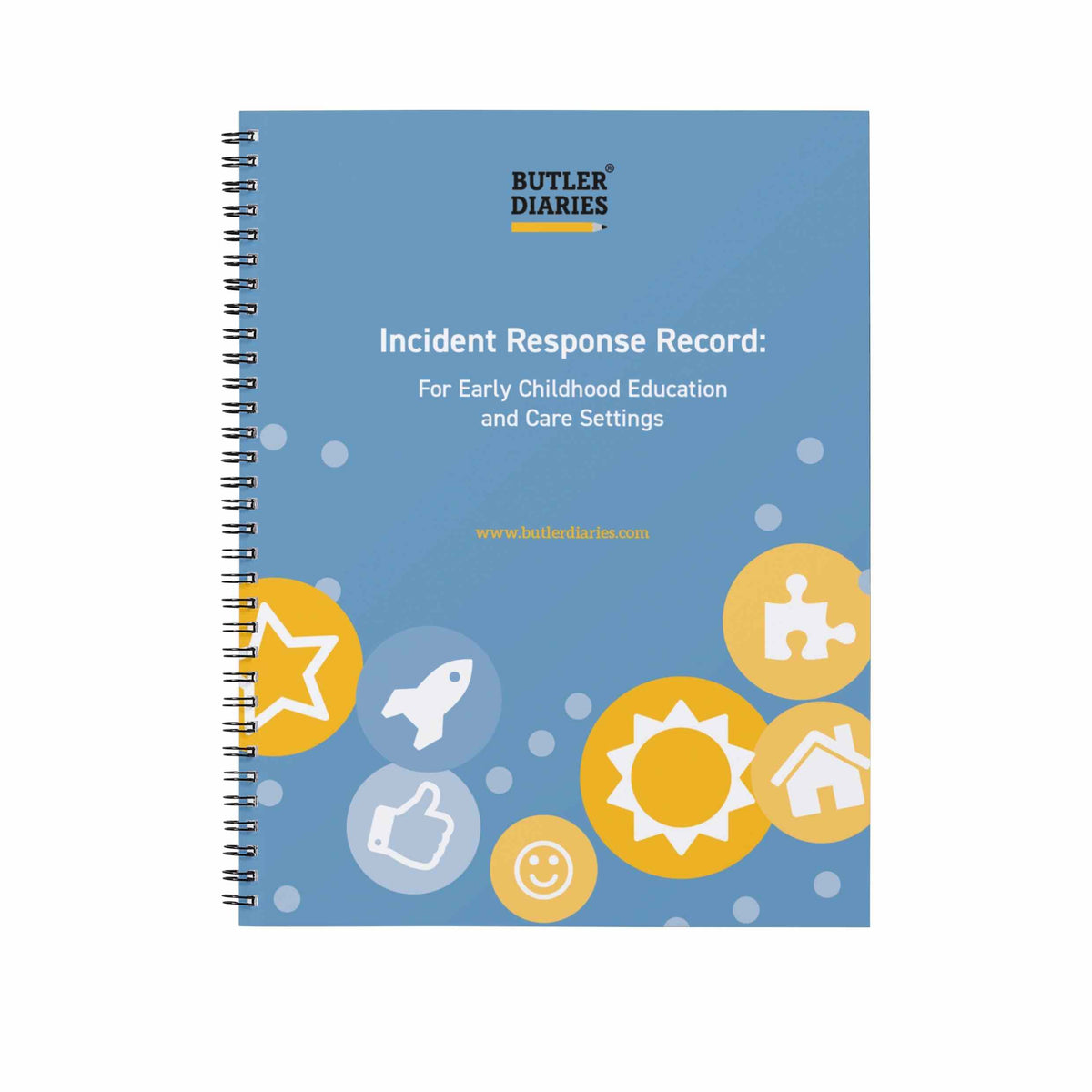 Spiral-bound notebook titled 'Incident Response Record' for early childhood education on a blue background with colorful icons.