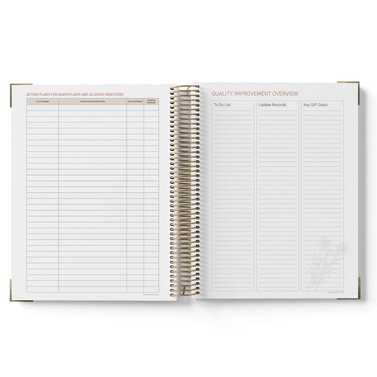 Open spiral-bound 2027 Nominated Supervisor Diary with quality improvement overview and action plan sections on a white background