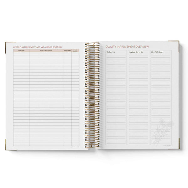 Open spiral-bound 2027 Nominated Supervisor Diary with quality improvement overview and action plan sections on a white background
