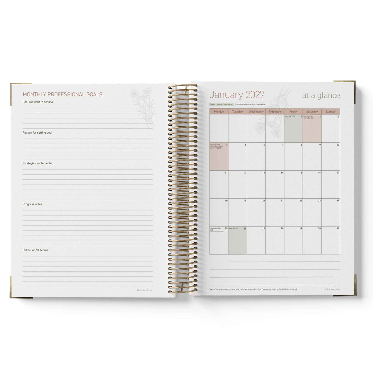 Open 2027 Nominated Supervisor Diary showing monthly professional goals and a calendar for January 2027 on a white background.