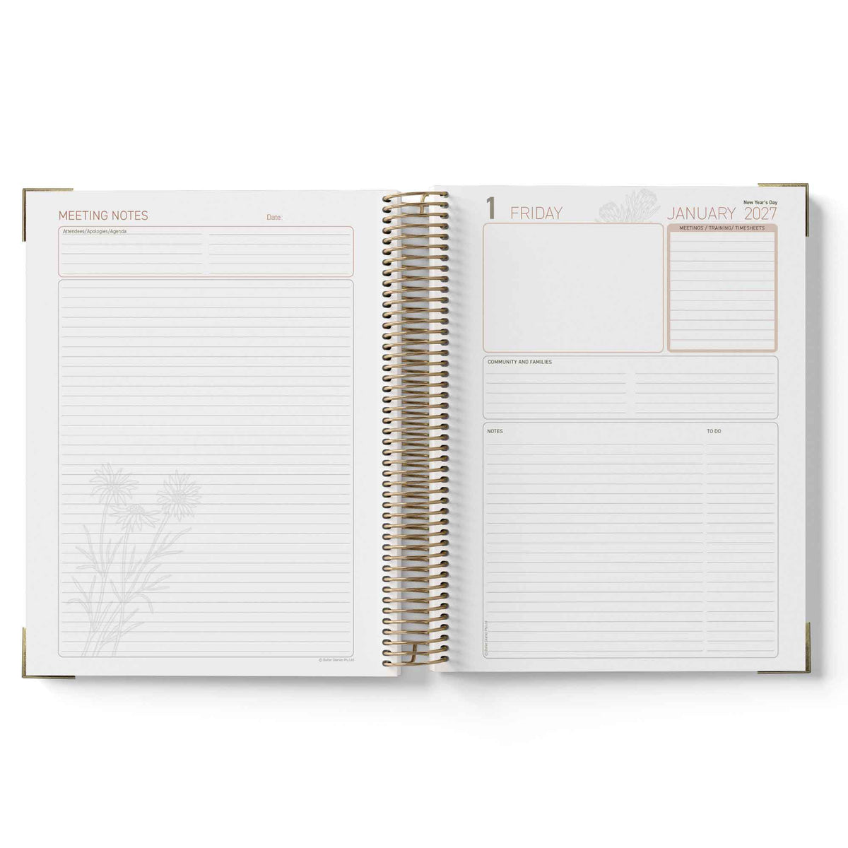 Open spiral-bound 2027 Nominated Supervisor Diary with meeting notes and calendar pages on a white background