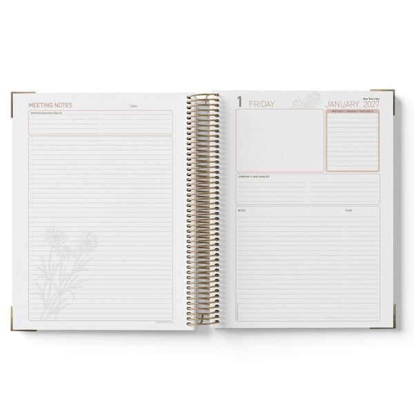 Open spiral-bound 2027 Nominated Supervisor Diary with meeting notes and calendar pages on a white background