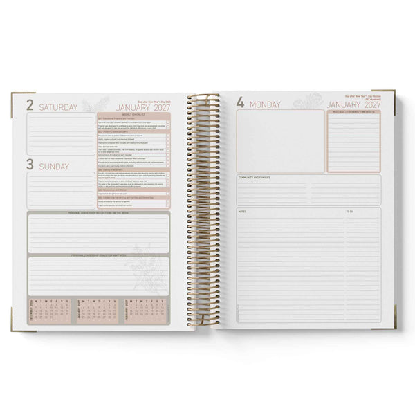 Open spiral-bound 2027 Nominated Supervisor Diary showing a two-page spread with calendar and notes sections.