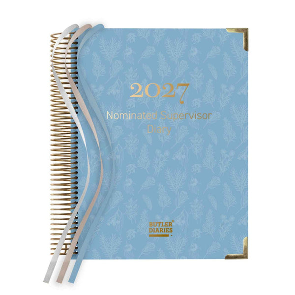 Blue 2027 Nominated Supervisor Diary with gold text on a white background