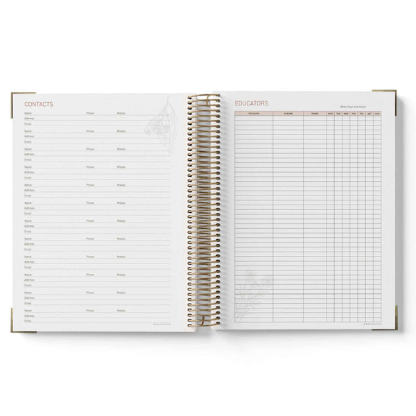 Open spiral-bound 2027 Nominated Supervisor Diary showing pages labeled 'Contacts' and 'Educators'.