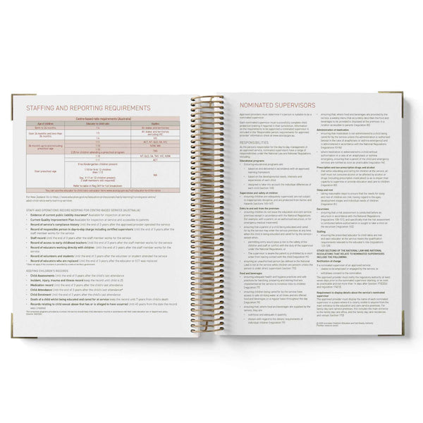 Open 2027 Nominated Supervisor Diary showing pages with text and tables on a white background