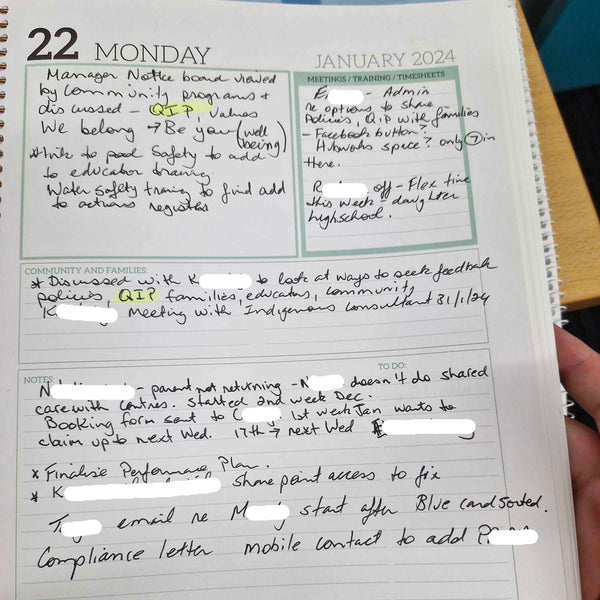 Example of the nominated supervisor diary being used to manage daily tasks