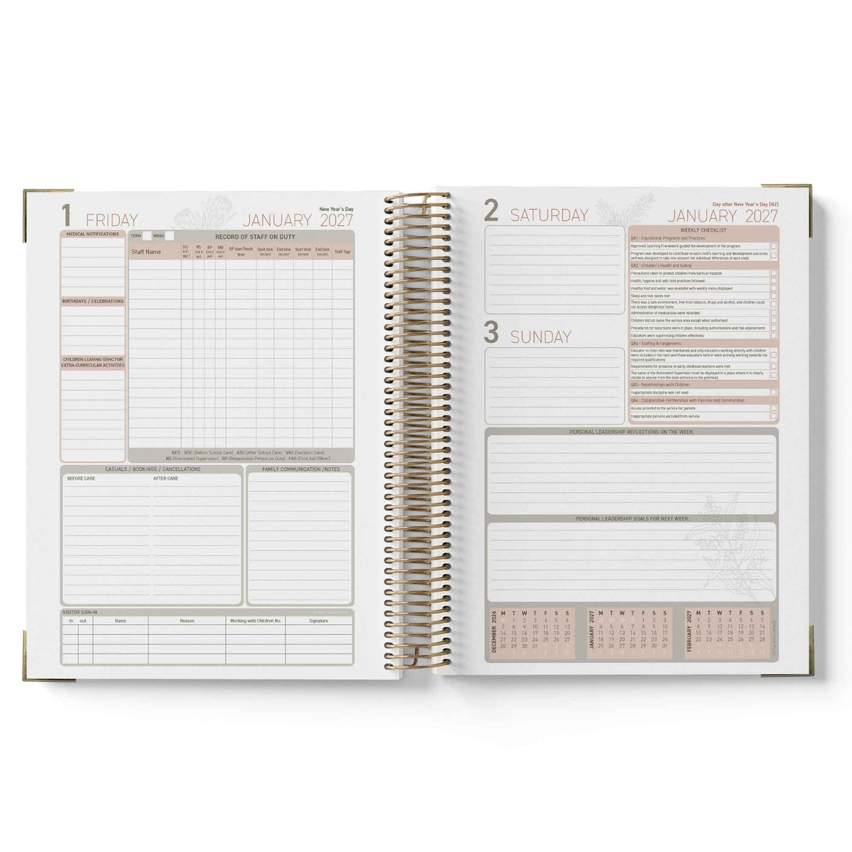 Open 2027 OSHC Diary showing a weekly layout with dates and time slots on each page.