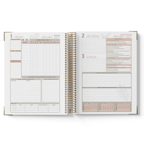 Open 2027 OSHC Diary showing a weekly layout with dates and time slots on each page.