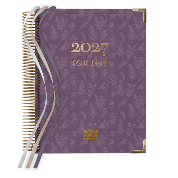 Purple diary with floral pattern and '2027 OSHC Diary' text on a white background