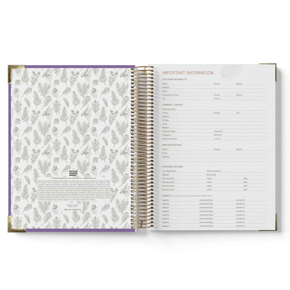 Open spiral-bound 2027 OSHC Diary with floral pattern on left page and text on right page.