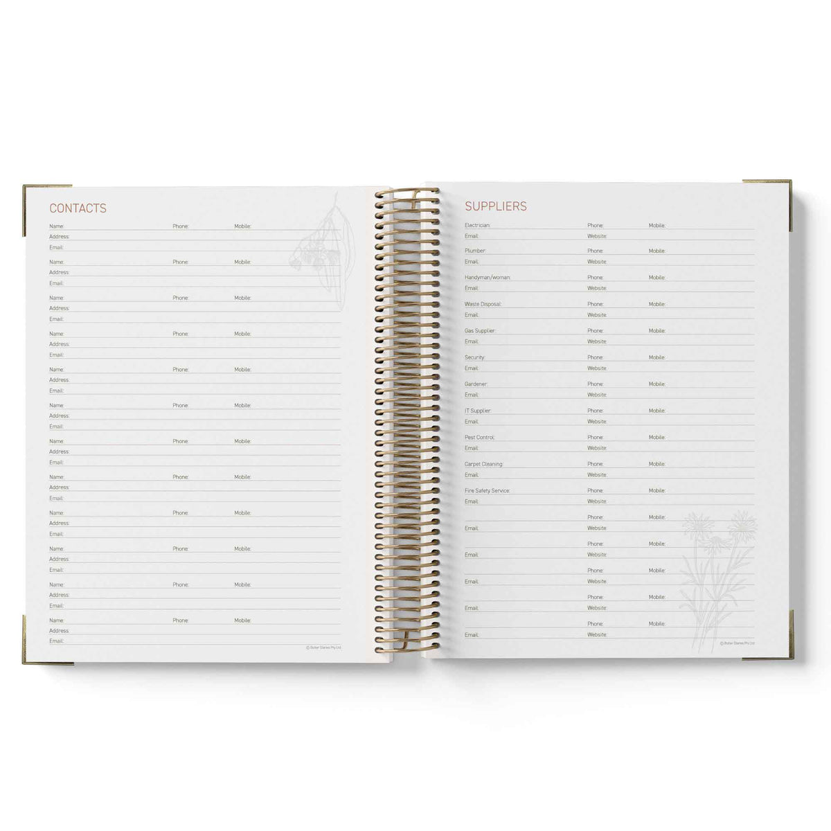 Open spiral-bound 2027 OSHC Diary showing pages titled 'Contacts' and 'Suppliers' on a white background.