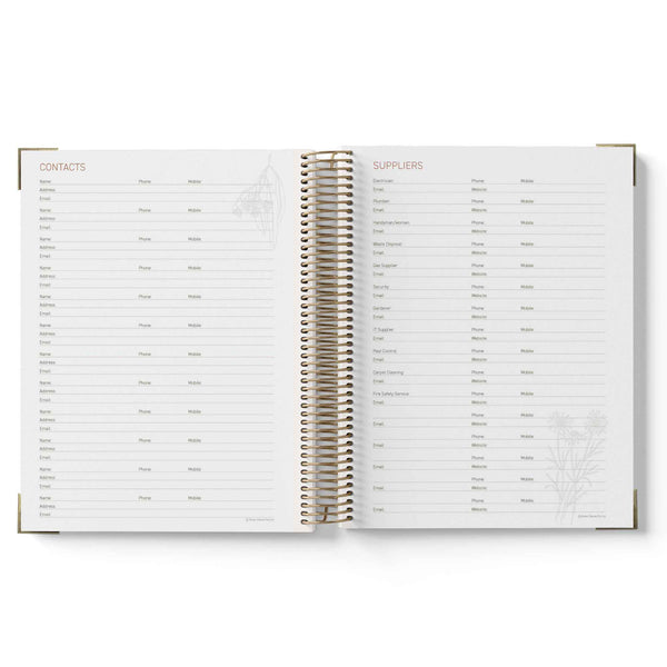 Open spiral-bound 2027 OSHC Diary showing pages titled 'Contacts' and 'Suppliers' on a white background.