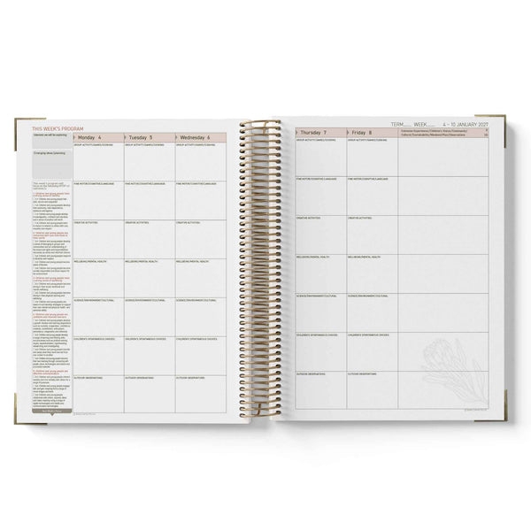 Open planner showing weekly and daily schedules on white background