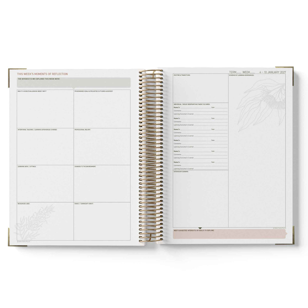 Open planner with white pages on a white background