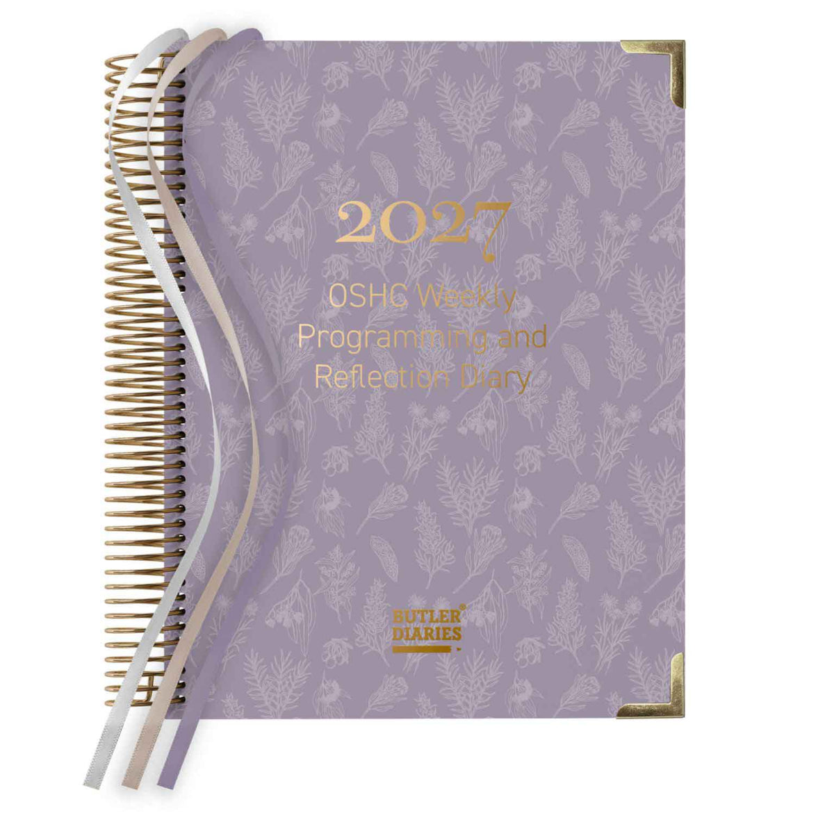 Purple planner with floral pattern and gold text on a white background