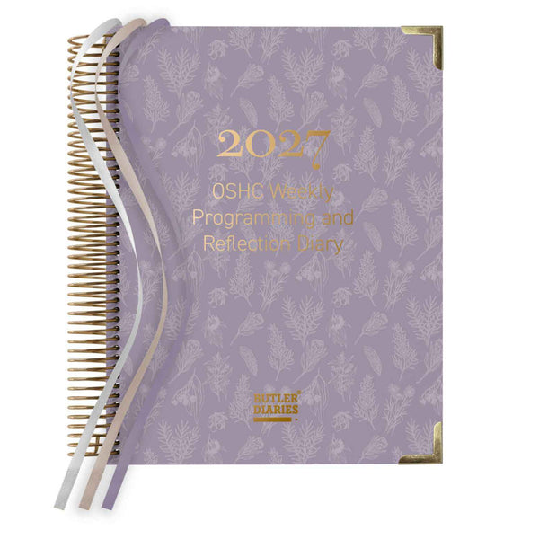 Purple planner with floral pattern and gold text on a white background