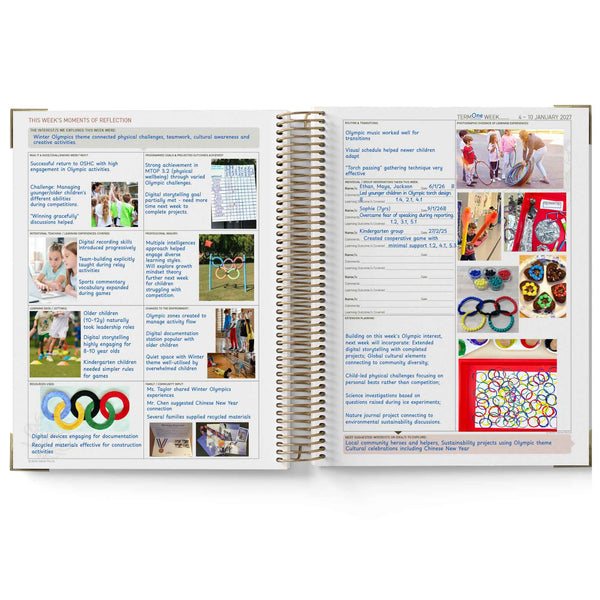 Open book with educational content and images on a white background