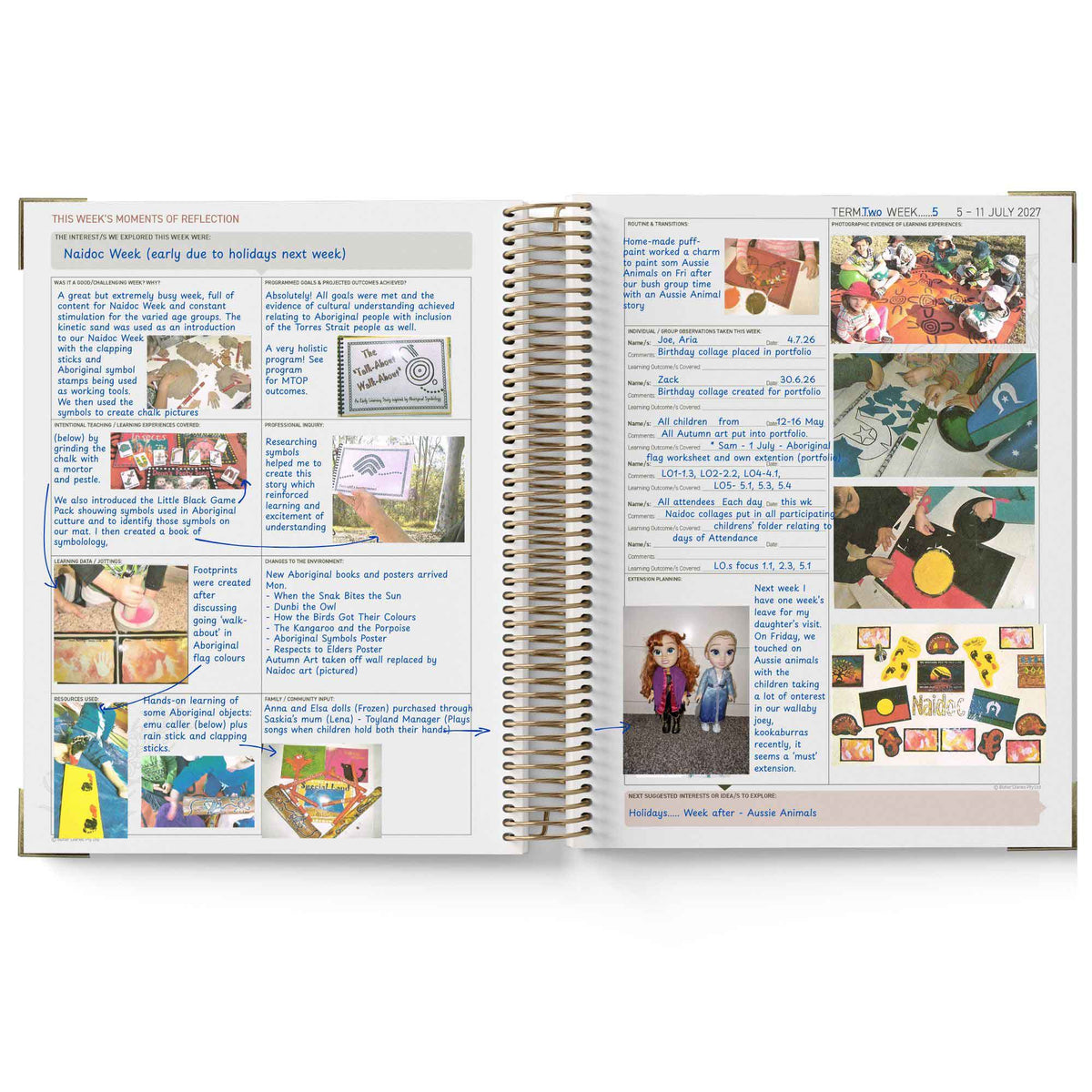 Open spiral-bound notebook with text and images on a white background
