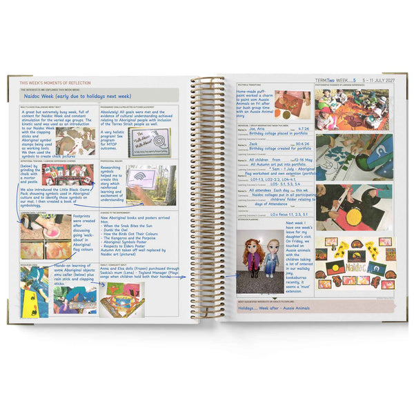 Open spiral-bound notebook with text and images on a white background