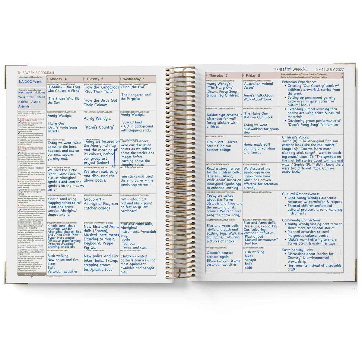 Open planner with daily schedule and notes on each page