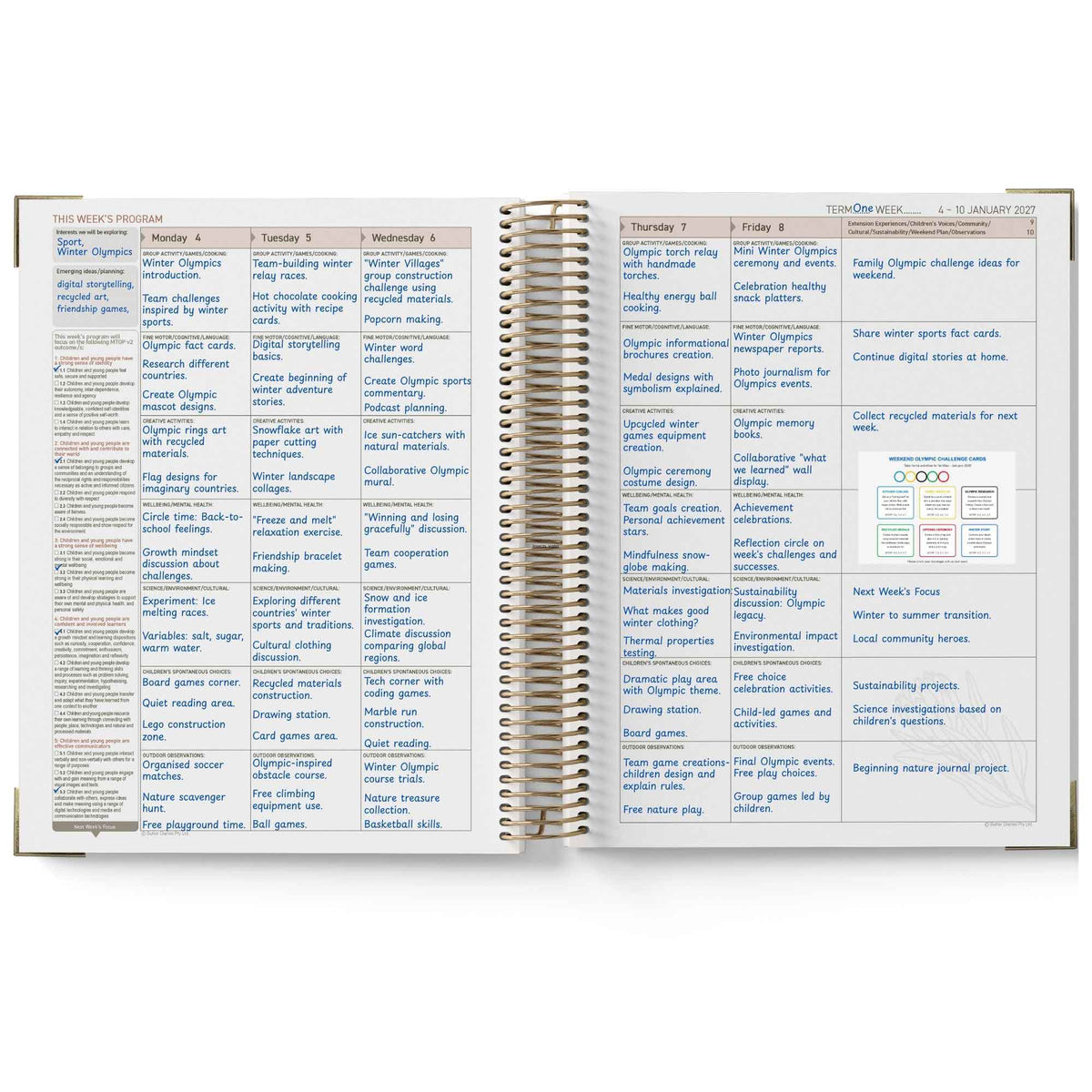 Open planner showing a weekly schedule with tasks and notes on each day.