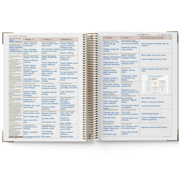 Open planner showing a weekly schedule with tasks and notes on each day.