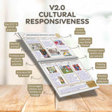 Open book on a wooden surface with text about cultural responsiveness, displayed on a light background.