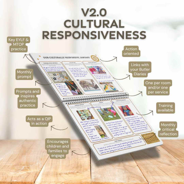 Open book on a wooden surface with text about cultural responsiveness, displayed on a light background.