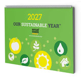 Green calendar for 2027 with sustainability icons and Butler Diaries branding.