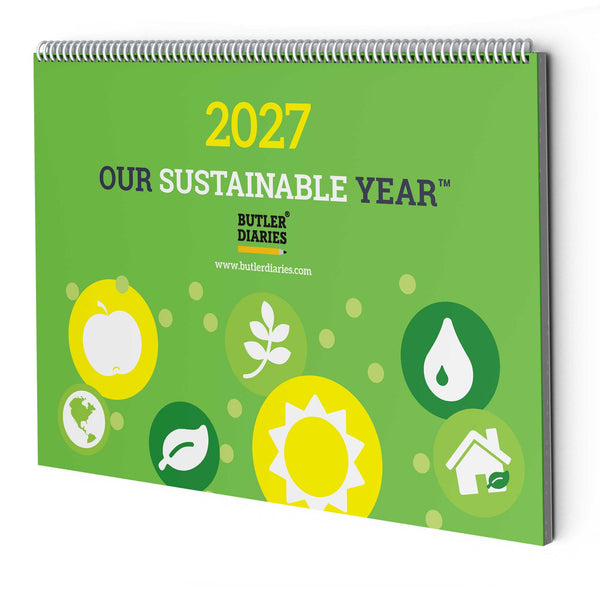 Green calendar for 2027 with sustainability icons and Butler Diaries branding.