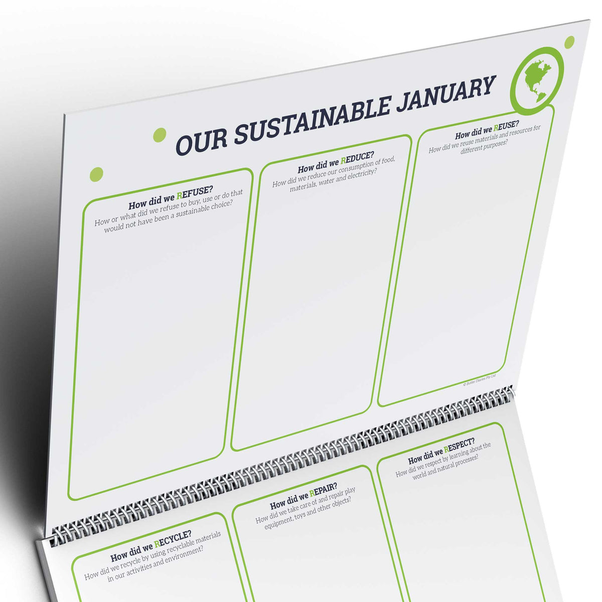 Sustainable living activity sheet with green text and icons on a white background