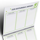 Sustainable living activity sheet with green text and icons on a white background